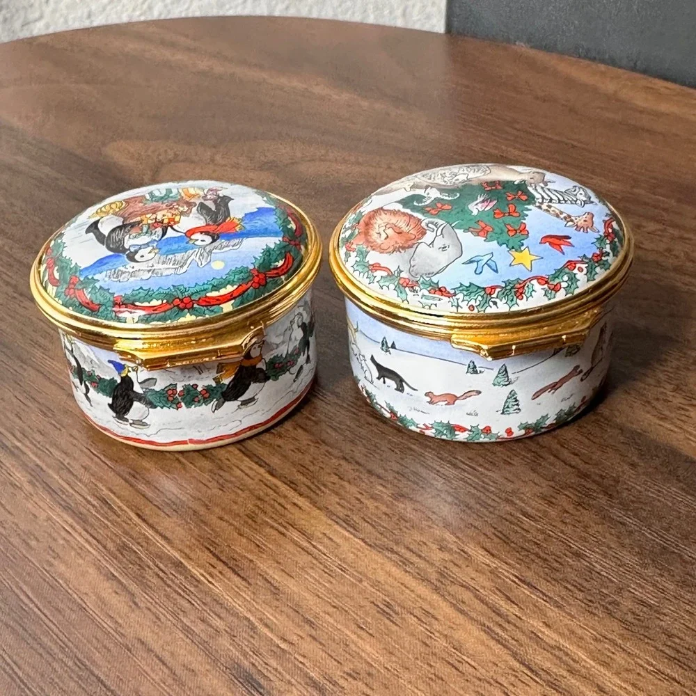 Halcyon Days Enamels Neiman Marcus Christmas Trinket Boxes 1993 1996 Set of 2